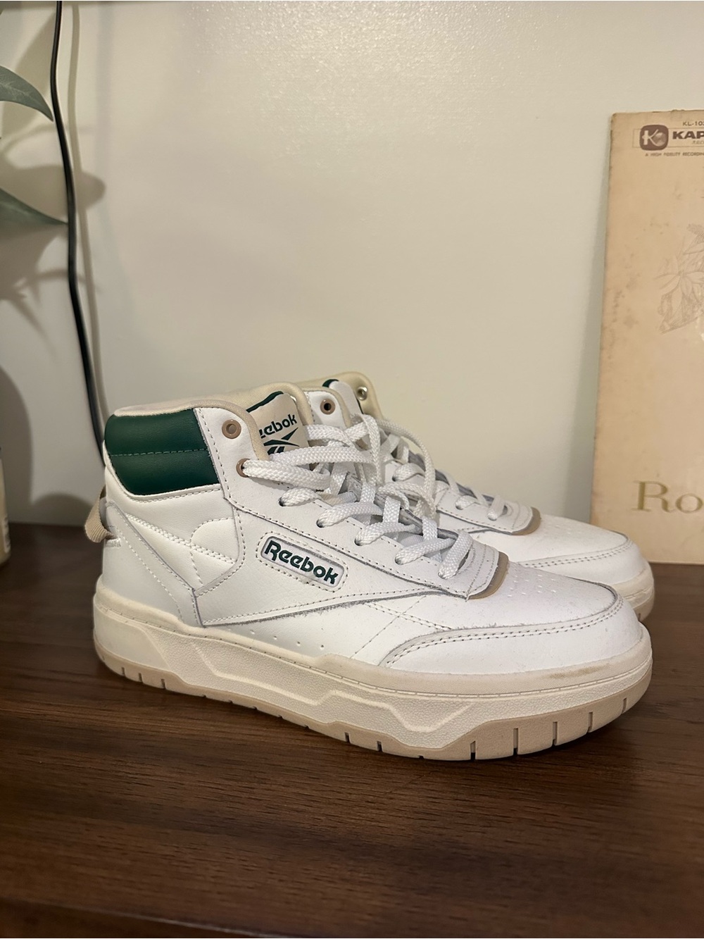 Reebok White High-Top Sneakers with Green Collar Accent